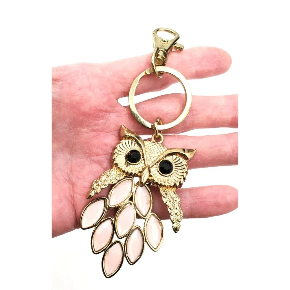 Gold Tone Owl Key Chain w Pink Rhinestone Feathers